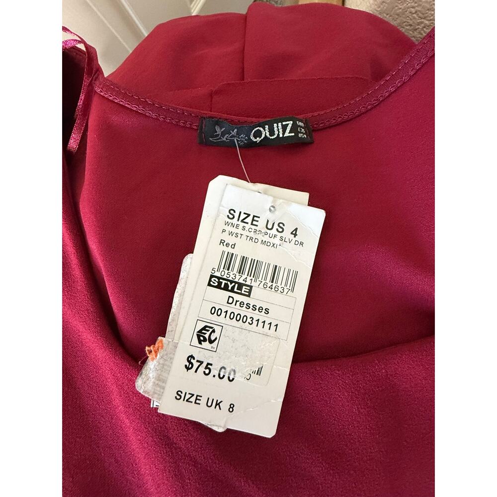 Quiz Wine Cap Sleeve Crepe Tiered Dress 4 NWT - Picture 5 of 6